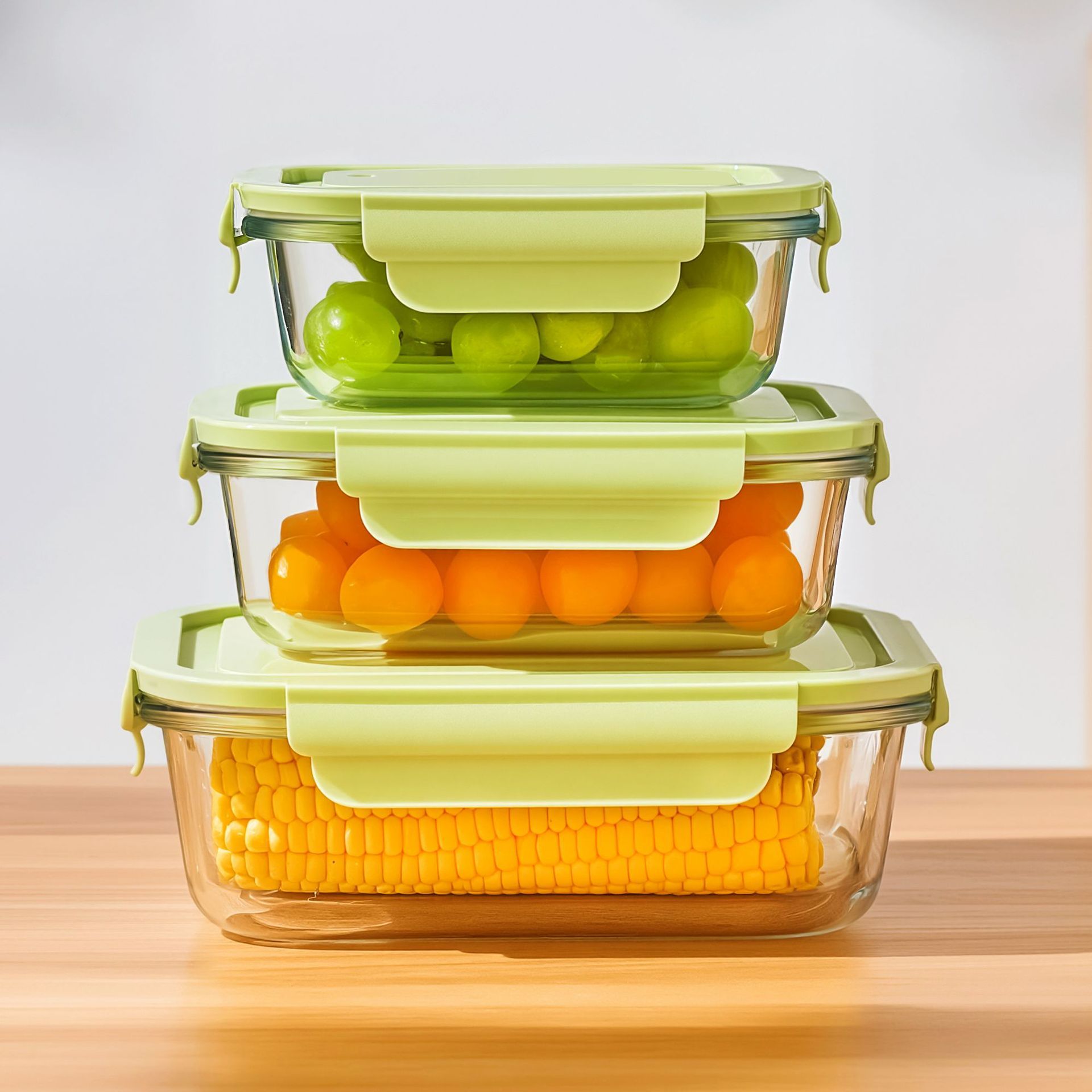 Borosilicate Green Glass Lunch Box Microwaveable Sealed Stackable Food Storage Container for Back to School Minimalist Design