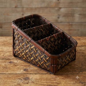 Vintage Dark Rattan Remote Control Holder Compartment Desktop Storage Basket <b>Table</b> Caddy Organizer - Product Image 1