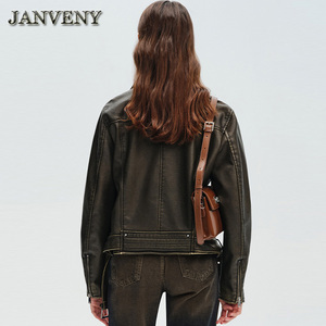 JANVENY 2024 printemps automne Faux <span class=keywords><strong>cuir</strong></span> lavé veste femmes à manches longues revers col Locomotive PU <span class=keywords><strong>Imitation</strong></span> <span class=keywords><strong>cuir</strong></span> <span class=keywords><strong>manteau</strong></span> court - Product Image 4