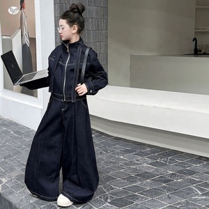 Completo in denim 2 pezzi per <span class=keywords><strong>ragazze</strong></span> 2026 Primavera Autunno: Giacca con nastro e pantaloni a gamba larga per adolescenti e studentesse - Product Image 4