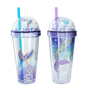 Groothandel Bpa Gratis Custom Logo Plastic Tumbler Met Stro Deksel, Herbruikbare Schattige Kleine Zeemeermin Cup Met Stro