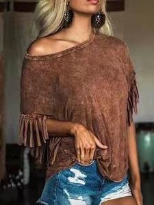 Summer Brown Tassel Fringe Short Sleeve Tee Tops Loose T Shirts Cowgirl Western Clothing Women - Product Image 4