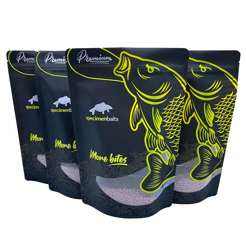 1kg moisture proof custom UV spot print clear window pet food stand up pouch bag for packing sturgeon fishing bait