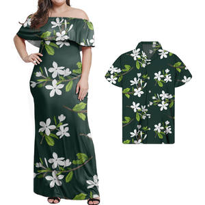 Vêtements personnalisés pour couples, robe moulante imprimé de fleurs hawaïennes de <span class=keywords><strong>Polynésie</strong></span>, robes de soirée grande taille à épaules dénudées pour femmes, chemises assorties pour hommes - Product Image 1