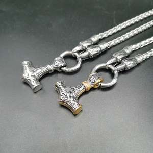 Oferta Especial: Collar de Acero Inoxidable 316L con Cadena Bizantina, Colgante Martillo de Thor Vikingo, Cierre de Cabeza de Animal y Diseño de Cesta de Flores, Joyería Bicolor - Product Image 4