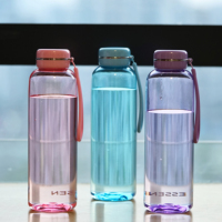 Bouteille d'eau de sport en plastique transparent avec couvercle macaron, sans BPA, 650 ml, fonction de boisson directe, écologique, applicable à l'eau bouillante