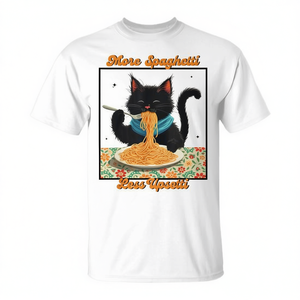 T-shirt vintage avec motif de chat mangeant des spaghettis, design « Plus de spaghettis, moins d'émotions », vêtements promotionnels - Product Image 2