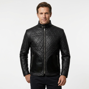 Mens Black Quilted Leather Jacket Stand Collar <b>Belted</b> Neck Premium Zip Up Biker Style Genuine Leather Jacket For Men - Product Image 1