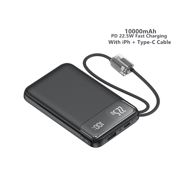 Premium Slim Li-Polymer Power Bank 10000mah Built-in 2 Cables 22.5W Fast Charging Mini Portable Charger USB-C PD 20W LED Display