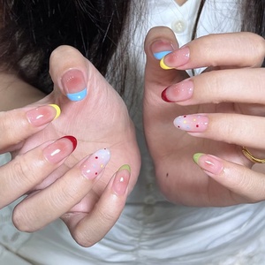 <span class=keywords><strong>Uñas</strong></span> Postizas Hechas a Mano con Diseño Francés Colorido, Degradado de Puntos, Estilo Corto, <span class=keywords><strong>Manicura</strong></span> para Dedos con Diseño Divertido - Product Image 6