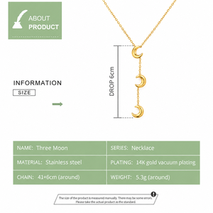 Collar con Colgante de Tres Lunas Crecientes, Acero Inoxidable, Chapado en Oro de 14K, Colores Oro y Plata, Ajustable 41+6 cm - Product Image 3