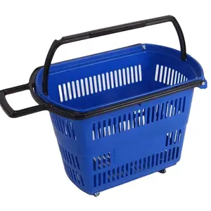High quality new style plastic material 4 wheels shopping basket for shop