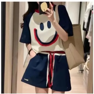 Women's Summer <b>Tracksuit</b> Embroidered Smiley Face Loose Fit Casual Short Sleeve Top And Shorts Plus Size 200 Lbs - Product Image 2