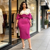 Nouvelles Arrivées Robe Plissée Midi Élégante à Manches Chauve-Souris et Col en V avec Ceinture, Ornée de Perles Miyaki, Grande Taille, pour Soirée et Tenue Décontractée Femme