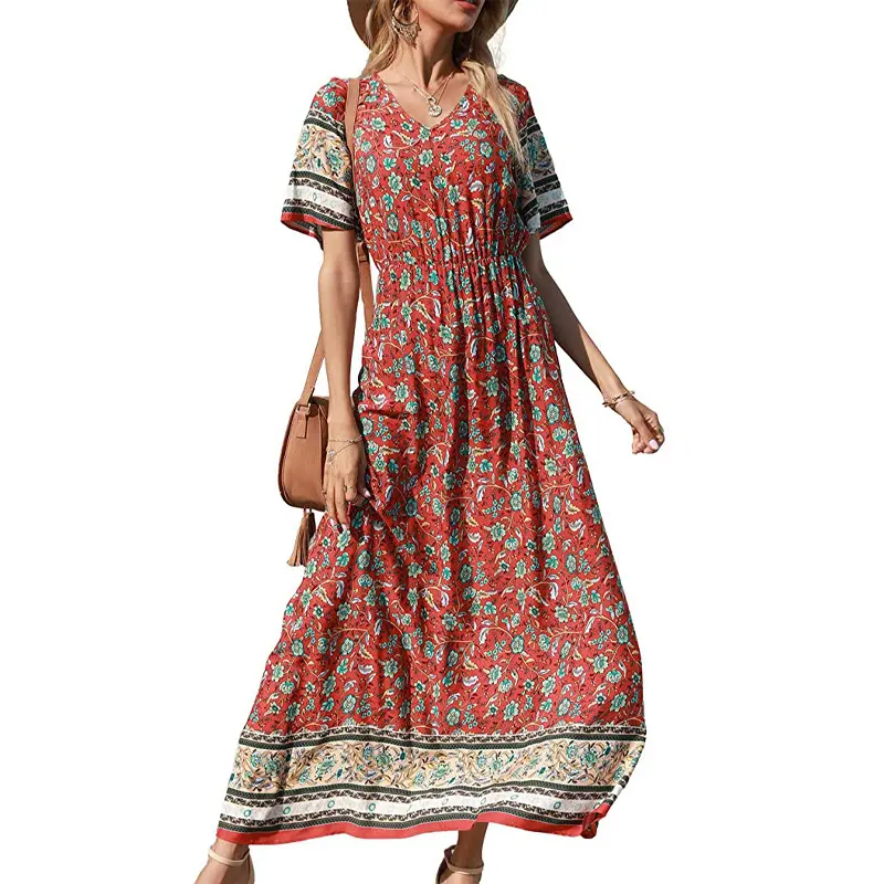 V-neck Waistband Printed Holiday Beach Dress Summer Casual Flower Dresses For Women 2022