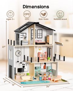 Grande maison de poupée en bois moderne avec meubles et accessoires, jouet en bois pour les tout-petits de 3 ans et plus, cadeau idéal pour les garçons et les filles - Product Image 2