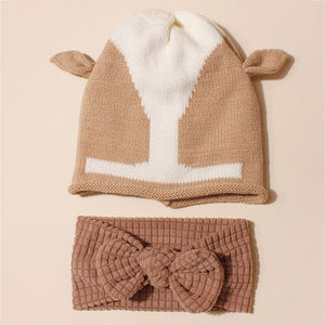 2 개 신생아 아기 니트 동물 귀 모자와 질감 활 머리띠 세트 귀여운 유아 모자 키즈 헤어 액세서리 도매 - Product Image 4