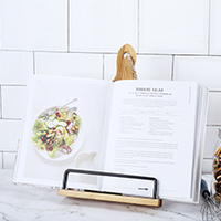 R02 Rak Buku Resep untuk Meja Dapur Warna Cokelat dan Penyangga Buku Resep/Tablet yang Dapat Disesuaikan Gaya Talenan Kayu Rustic