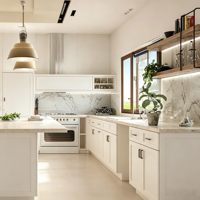 Meubles de cuisine modernes en bois massif noir et blanc sans poignées, design écologique, portes à panneaux modulaires personnalisées, évier avec plateau en pierre épaisse