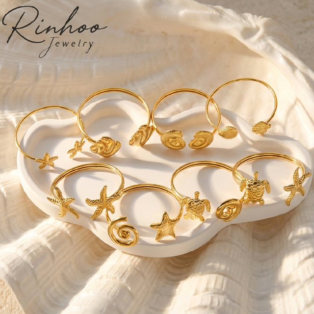 RINHOO Vintage Stainless Steel Ocean Series Bracelet Women Gold Color Shell Starfish Conch Turtle Bracelet Beach Party Jewelry