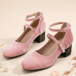 Low Chunky <b>Glitter</b> Heels Women Square Toe Shoes Basic Big Size 45 Dress office Shoes Double Strap Buckles Suede Working Pumps - Product Image 5