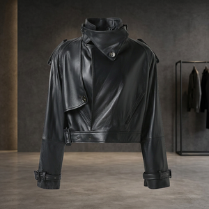 Women Genuine <b>Leather</b> Moto Jacket Stand Collar Full Sleeve Short Windproof Black Wholesale Supply Custom LOGO Print Design 2026 - Product Image 1