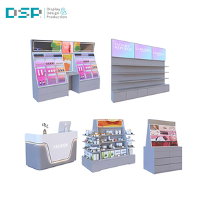 เคาน์เตอร์เครื่องสำอางไม้สีชมพูรูปวงรีเคลือบสีเงาแบบอบพร้อมไฟ LED สำหรับห้างสรรพสินค้า ผลิตโดยโรงงาน DSP เวียดนาม - Product Image 3