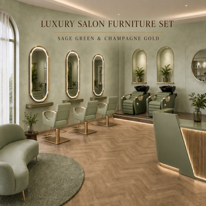 Ensemble complet de mobilier de salon vert sauge, vente en gros directe usine : Fauteuil de barbier, miroir LED, poste de lavage, canapé d'accueil - Product Image 1