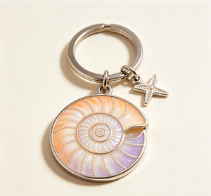 Porte-clés Coquille d'Ammonite Aspect Naturel Pendentif Métallique Breloque Étoile de Mer Accessoire Cadeau Rond - Product Image 4