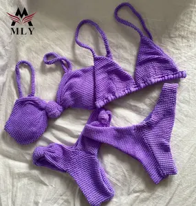 MLY Pakaian Pantai Perempuan Kain Bertekstur Modis Desain Baru Pakaian Renang Wanita Bikini Mulus Ungu