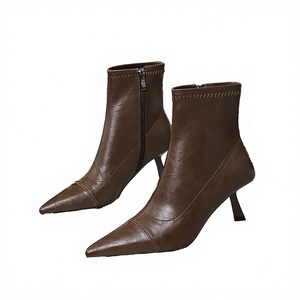 Botines de tacón de aguja con punta en pico estilo francés para mujer, de PU marrón, cálidos, con cremallera, ajuste ceñido, para otoño e invierno - Product Image 6