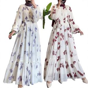 Vestido Maxi Musulmán de Verano para Oración, Moda Modesta y Elegante, Estilo Resort de Oriente Medio, Abaya con Cuello, Chifón, Estampado Floral, Cinturón con Cuentas - Product Image 4