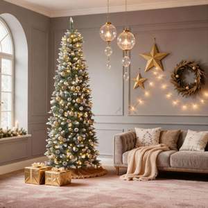 Sapin de Noël artificiel pré-éclairé de 1,80 m, fin, légèrement enneigé, type sapin <span class=keywords><strong>Kingswood</strong></span>, avec 50 cônes de pin, pour la maison et les fêtes - Product Image 2