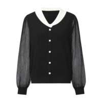 Haut en maille col V bicolore noir et blanc pour femme, avec manches en maille plissée transparente et boutons perlés, léger, pour le printemps et l'automne