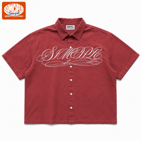 Chemise boutonnée à manches courtes coupe ample pour homme, style vintage délavé, col brodé, streetwear oversize, t-shirt court, personnalisable OEM