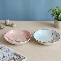 Ensemble de 2 bols en céramique de 8 pouces à motif de fleurs de cerisier, intérieur rose et bleu moucheté, motif de branche brune, extérieur blanc cassé, décoration d'intérieur