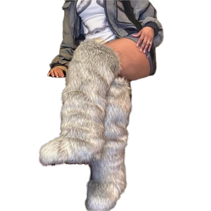 Botas Altas de Tacón Plano Estilo Mongol para Mujer, Color Marrón, Negro, Beige, Gris, de Moda, Peludas, de Felpa, Largas, de Piel Sintética, por Encima de la Rodilla - Product Image 1