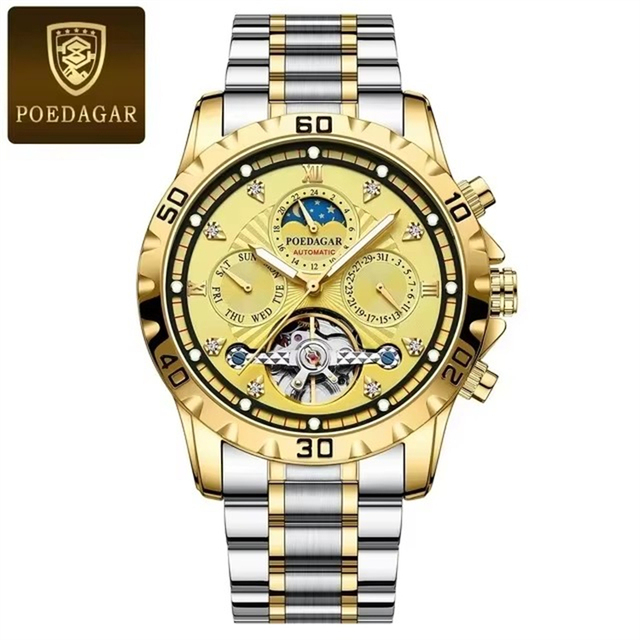 POEDAGAR 1412 Men's Mechanical Watch Tourbillon Gold Stainless Steel Band Luminous Moon Phase Day Function Watch