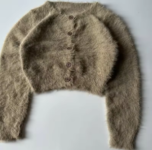 Cardigan en <span class=keywords><strong>mohair</strong></span> et laine d'<span class=keywords><strong>alpaga</strong></span> pour <span class=keywords><strong>femme</strong></span>, motif uni, tricot brossé, longueur courte, cachemire pour l'hiver - Product Image 3