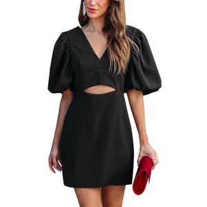 OEM New arrivals summer woman clothing short puff sleeves ladies dress elegant cut-out black women casual dresses