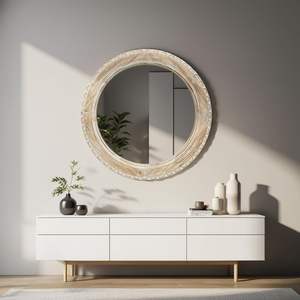 Parisloft 29.5 "รอบผนังกระจกกับกรอบแกะสลักบ้านไร่กระจกไม้วงกลมสำหรับห้องนั่งเล่น, ห้องนอน, ห้องครัว, - Product Image 2