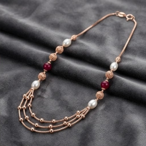 Collar Mala Italiano de Plata 925 con Acabado en Oro Rosa, Perla Roja, Cadena de Diseño Multicapa, Joyería para Mujer - Product Image 3