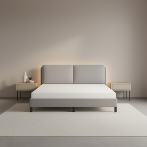Cadre de lit rembourré gris clair avec tête de lit, design moderne et minimaliste, revêtement en tissu, structure en bois - Product Image 2