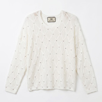 Pull-over élégant en maille ajourée perlée pour femme, col en V blanc, fabrication artisanale de qualité supérieure, style boutique, vente en gros