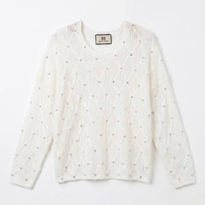 <span class=keywords><strong>Pull</strong></span>-over élégant en maille ajourée perlée pour femme, col en <span class=keywords><strong>V</strong></span> blanc, fabrication artisanale de qualité supérieure, style boutique, vente en gros - Product Image 3