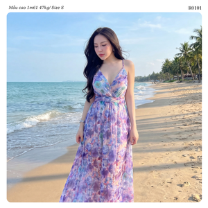 Vestido Maxi de Gasa Floral para Mujer, Cuello en V, Tirantes Finos, Estilo Fluido, Casual de Otoño, para Resort, OEM ODM, Venta al por Mayor, Vietnam - Product Image 2
