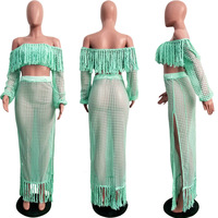Ensemble bikini deux pièces uni pour femme, style plage d'été, avec haut court sexy et jupe cache-cœur à franges