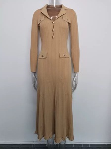 2025년 봄 신상 여성 우아한 스타일 솔리드 노치드 롱 슬리브 슬림핏 플레어 맥시 드레스 - Product Image 3