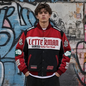 High Quality Spliced Vintage Racing Bomber <b>Jacket</b> Wholesale Custom Fabric Custom Pattern <b>Thick</b> Motorcycle <b>Jacket</b> Trendy Casual - Product Image 3