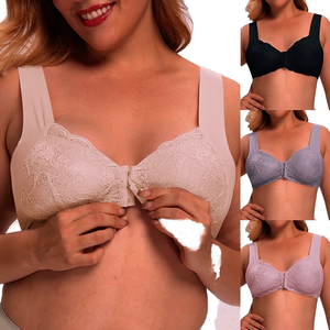 Sujetador sin aros transpirable de talla grande para mujer, con espalda de encaje, copas 3/4 removibles, cierre frontal y tirantes ajustables, tipo top sin costuras para uso diario. - Product Image 1